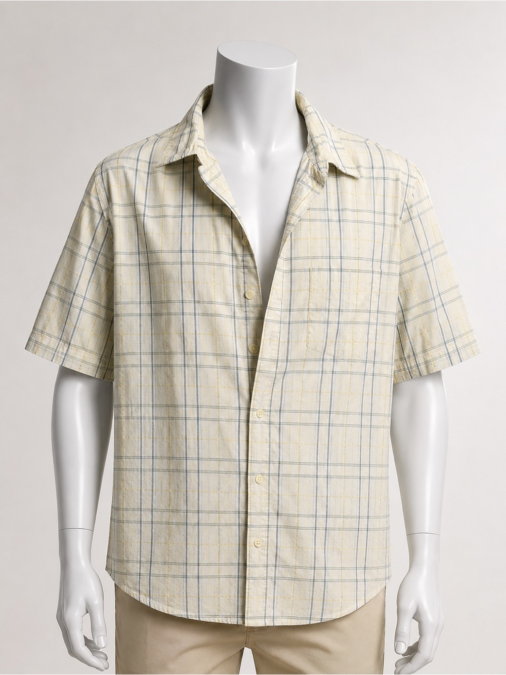 STITCH Beige Blue Plaid Cotton Office Shirt Short Sleeve Size L